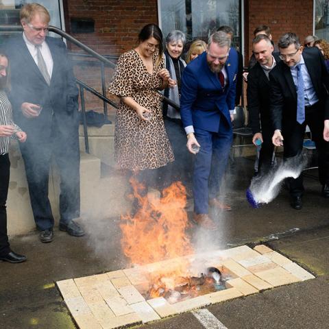 Fire on sidewalk at Ground Breaking ceremony