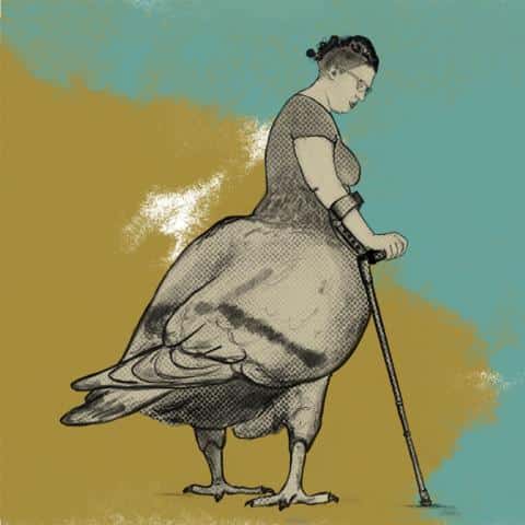 Artwork that is half human half pigeon with a crutch