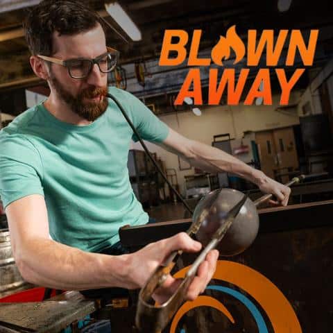 John Sharvin blowing glass with TV show Blown Away logo