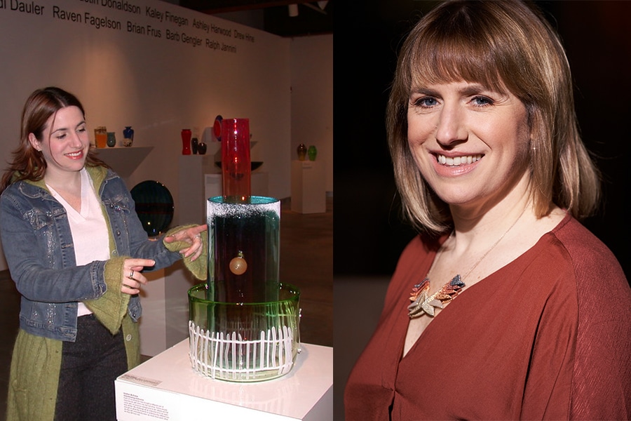 Heather McElwee showing her artwork and an image of her headshot