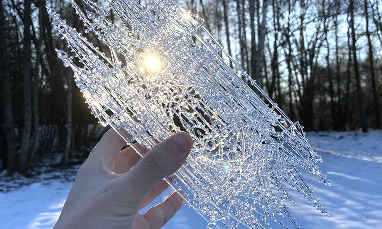 clear flameworked sculpture shining in teh sun