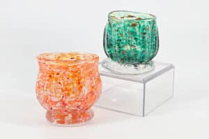 two colorful blown glass candle holders