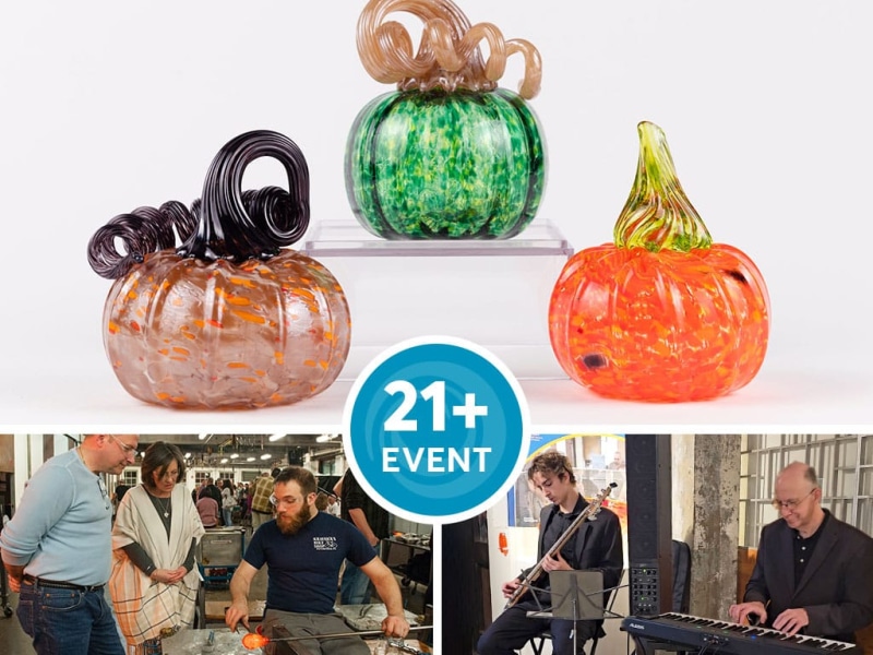 Glass pumpkins and people blowing glass