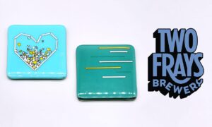fused glass coasters with two frays logo