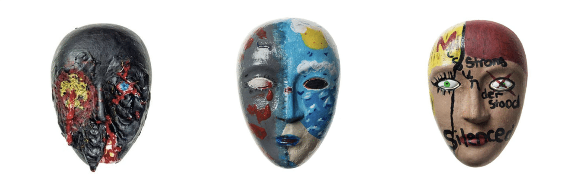 3 paper masks painted by active-duty patients at the National Medical Center, Washington DC.